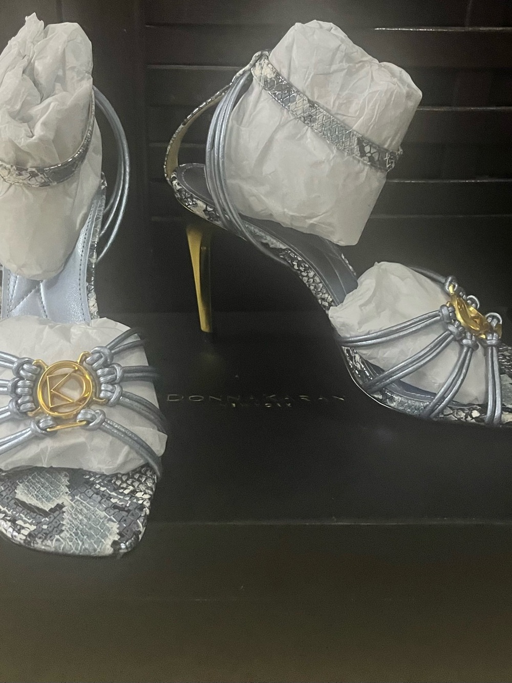 Metallic Light Blue Strappy High Heel Sandal with Gold Accent - Picture 5 of 5